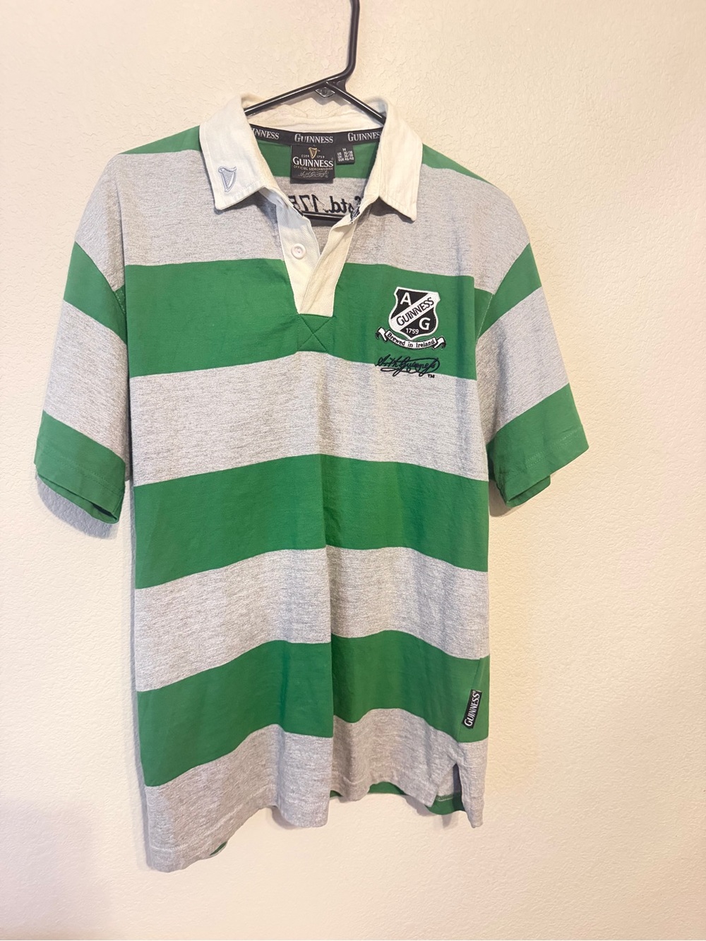 Guinness Green and Gray Wide-Stripe Rugby Polo
